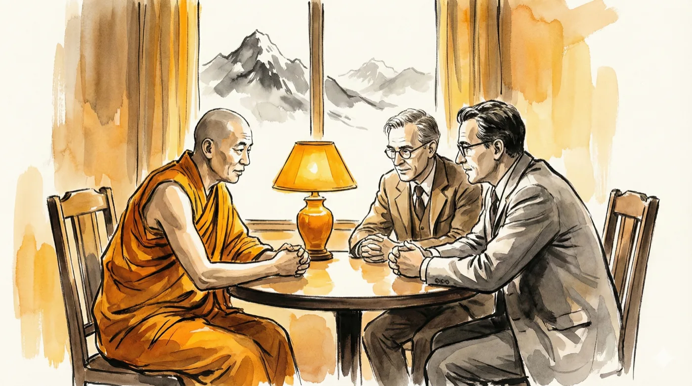 שלוש דמויות סביב שולחן בדהרמסאלה