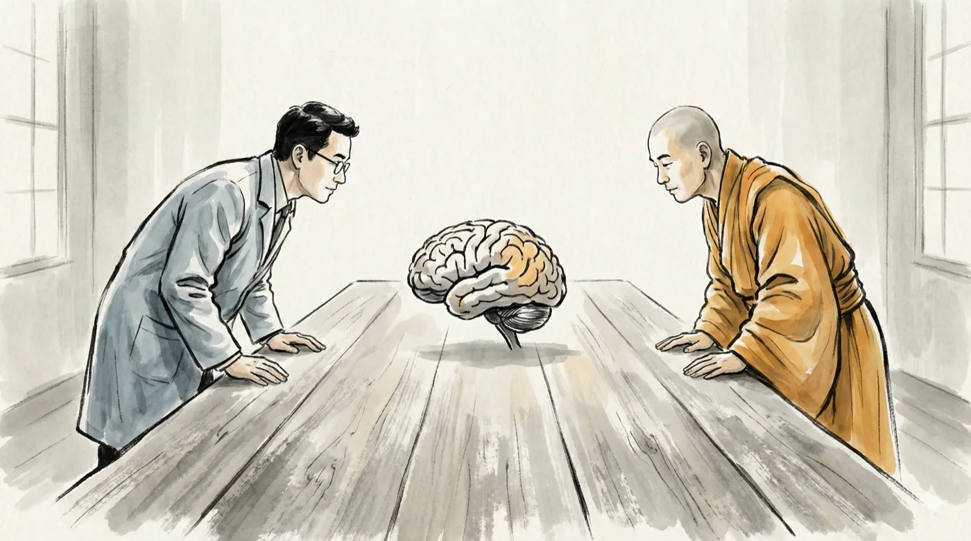 מדען ונזיר משני צדדי שולחן, מוח ביניהם